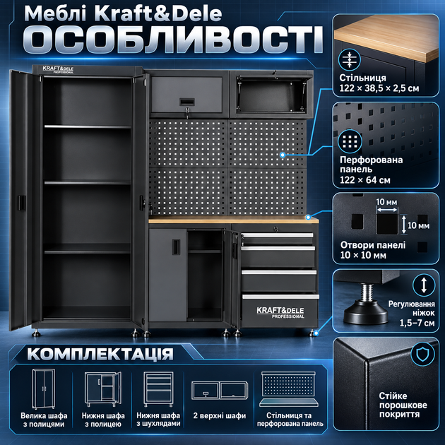 Мебель для мастерской Kraft&Dele комплект модульный гаражный верстак со столешницей из нержавеющей стали шкафы для инструментов система организации хранения с перфорированным стендом выдвижными ящиками навесными полками - изображение 3