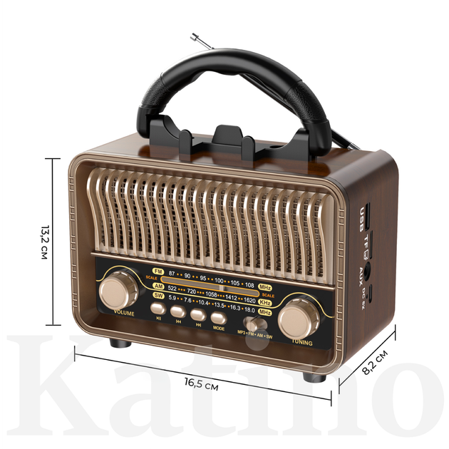Радіоприймач портативний Коричневий Bluetooth 5.4 FM/AM/SW, USB/TF Акумуляторний з підставкою для телефону (20016) - изображение 7