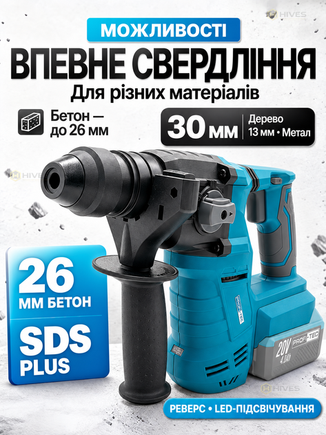 Аккумуляторный перфоратор 20 В безщеточный SDS-Plus 2,5 Дж, 2 аккумулятора 4 Ач, 3 режима, зарядное устройство, кейс для бетона и ремонта - изображение 5