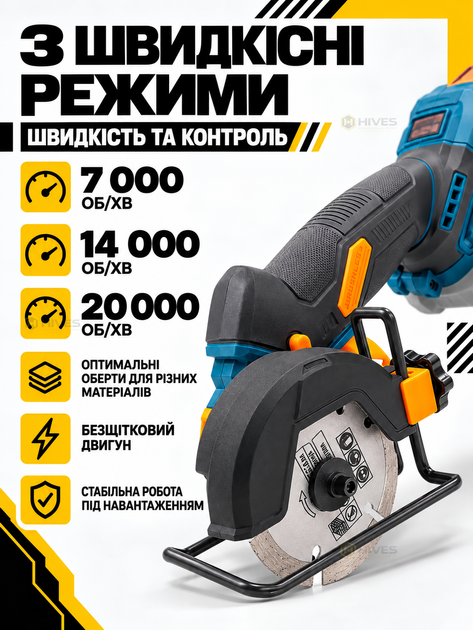 Акумуляторна універсальна дискова пила 20 В 390 Вт, безщіткова, диск 76 мм, 3 швидкості, АКБ 2 Аг, зарядний пристрій, 5 дисків, кейс - Фото 2 Акумуляторна універсальна дискова пила 20 В 390 Вт, безщіткова, диск 76 мм, 3 швидкості, АКБ 2 Аг, зарядний пристрій, 5 дисків, кейс - зображення 2