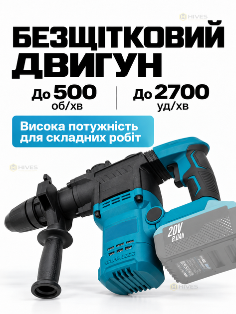 Аккумуляторный бесщеточный перфоратор SDS-MAX 20 В 5,6 Дж, 2 АКБ 8 Ач, 3 режима, бетон до 32 мм, зарядное устройство, кейс для инструмента - изображение 2