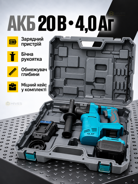 Аккумуляторный перфоратор 20 В 2,5 Дж SDS-Plus бесщеточный, 3 режима, 1 АКБ 4,0 Ач, зарядное устройство, кейс, для бетона - изображение 5