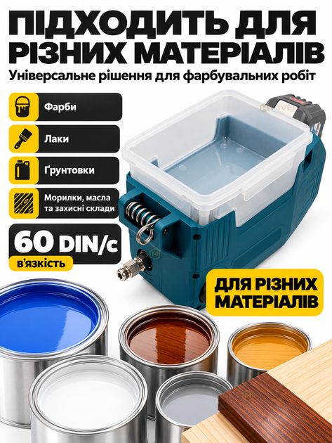 Аккумуляторный безвоздушный краскопульт 20 В 140 бар 1,1 л/мин, бак 1,7 л, сопло 517, АКБ 8 Ач, зарядное устройство, для стен, фасадов и древесины - изображение 4
