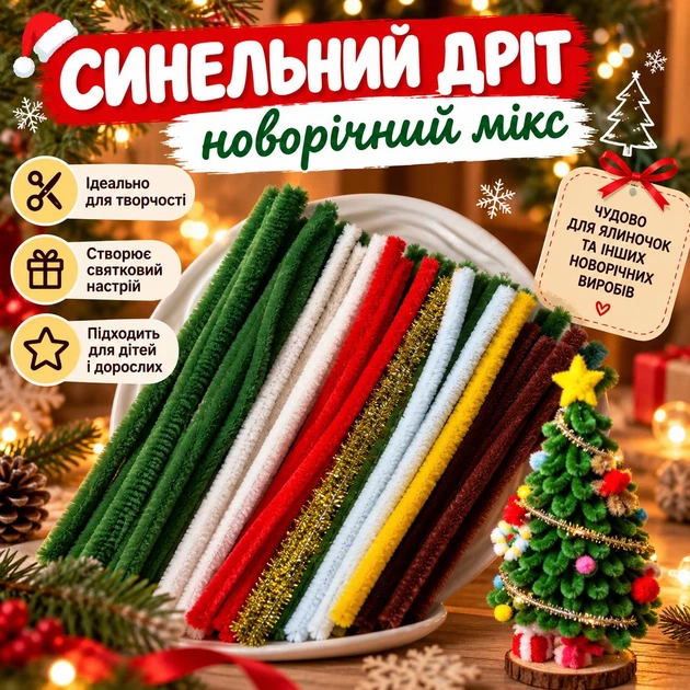 Набір для творчості із синельного дроту Новорічна ялинка - Фото 1 Набір для творчості із синельного дроту Новорічна ялинка - изображение 1