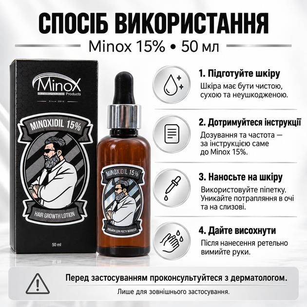 Лосьон для роста волос и бороды Minox 15% мужской, 50 мл - Фото 3 Лосьон для роста волос и бороды Minox 15% мужской, 50 мл - изображение 3