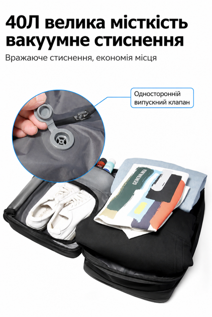 Рюкзак BANGE 3028-1 вакуумний компресійний дорожній трансформер сумка для подорожей відряджень ручної поклажі в літак ноутбука до 17 дюймів одягу речей USB компресор TSA замок розширення 8 см 28-40 л водовідштовхувальний чоловічий жіночий чорний - зображення 7