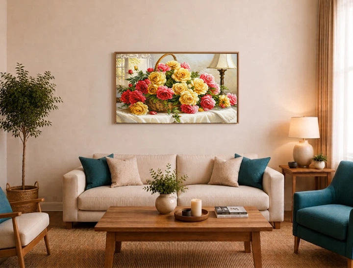 Алмазная мозаика ColorArt Розы в корзине 40х70 SS814 полная выкладка, квадратные алмазики, набор для творчества и рукоделия - изображение 3