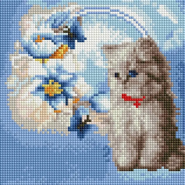 Алмазная мозаика на подрамнике ColorArt Котик с цветами 20х20 DDP1216 + Подарок лак для покрытия, полная выкладка, квадратные алмазики, набор для творчества и рукоделия - изображение 2
