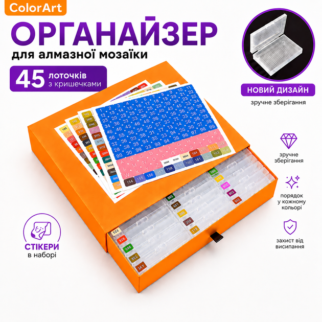 Органайзер для алмазної мозаїки ColorArt 45 лоточків з кришками, контейнер для зберігання страз, бокс для Diamond Painting, наклейки для маркування, кейс-органайзер - Фото 2 Органайзер для алмазної мозаїки ColorArt 45 лоточків з кришками, контейнер для зберігання страз, бокс для Diamond Painting, наклейки для маркування, кейс-органайзер - зображення 2