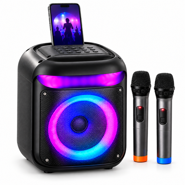 Портативная караоке-колонка с 2 микрофонами, Bluetooth, RGB LED, TWS, 25 Вт, 8" - изображение 2