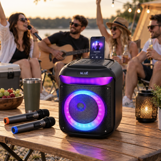 Портативная караоке-колонка с 2 микрофонами, Bluetooth, RGB LED, TWS, 25 Вт, 8" - изображение 7