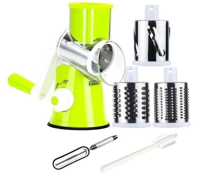 Овочерізка 3в1 для овочів та фруктів Kitchen Master мультислайсер ручний на присосці, ручна терка шатківниця з 3 насадками з нержавіючої сталі та штовхачем - зображення 3
