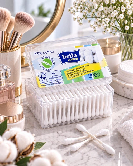 Ватные палочки гигиенические косметические Bella Cotton из 100% хлопка для очищения и ухода в пластиковой коробке 200 шт (5900516400040) - изображение 5