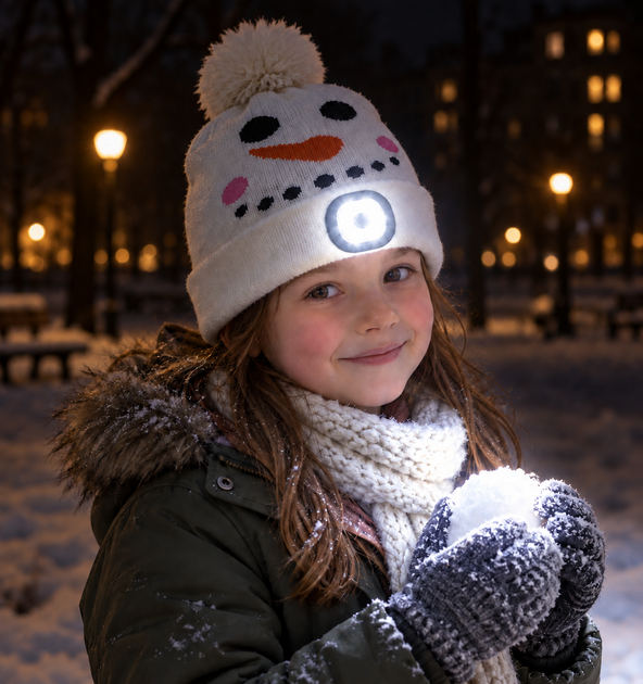 Шапка детская зимняя Снеговик с LED фонариком, теплая вязаная с помпоном, цвет: белый-черный - изображение 2