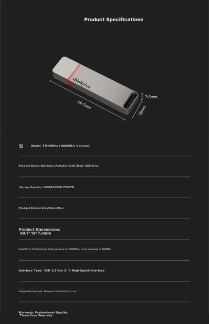 Флеш память USB Lenovo ThinkPlus TU100Pro 256GB USB 3.2 Gen2 Silver - изображение 3