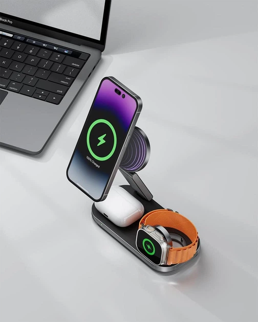 Складная беспроводная зарядная станция 3 в 1 MagSafe (15W) для iPhone, Apple Watch и AirPods (+ адаптер в комплекте, черный) - изображение 2