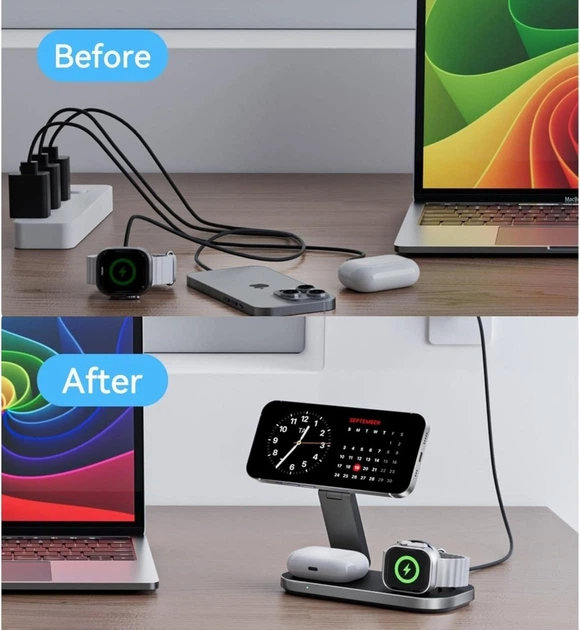 Складная беспроводная зарядная станция 3 в 1 MagSafe (15W) для iPhone, Apple Watch и AirPods (+ адаптер в комплекте, черный) - изображение 8