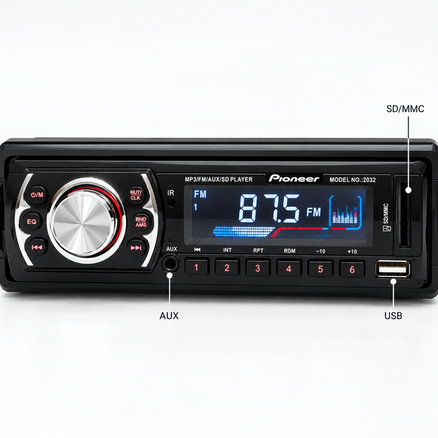 Автомагнитола 2032 1 DIN, USB, SD/MMC, AUX, FM, 4×50 Вт, пульт ДУ - Фото 4 Автомагнитола 2032 1 DIN, USB, SD/MMC, AUX, FM, 4×50 Вт, пульт ДУ - изображение 4