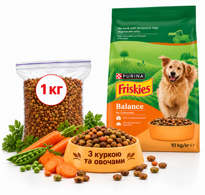 Сухий корм для дорослих собак Friskies Balance з куркою та овочами 1кг - Фото 1 Сухий корм для дорослих собак Friskies Balance з куркою та овочами 1кг - изображение 1