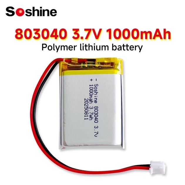 Аккумулятор Soshine LiPo защищенный 803040-3.7-1000, 40×30×8 мм, 3.7 В, 1000 мА·ч, провода 10 см, разъем JST-PHR-2P (2.0 мм) - Фото 1 Аккумулятор Soshine LiPo защищенный 803040-3.7-1000, 40×30×8 мм, 3.7 В, 1000 мА·ч, провода 10 см, разъем JST-PHR-2P (2.0 мм) - изображение 1
