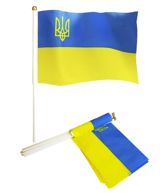 Набор флагов Украины "Тризубец" со штоками 30×45 см, 10 шт, сине-желтые флажки из полиэстера (SZ-780057) - изображение 2