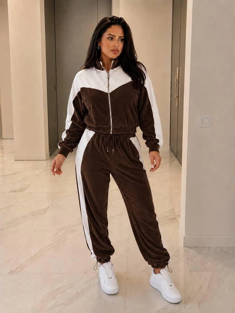 Женский велюровый спортивный костюм с лампасами больших размеров 50-52 Коричневый с белым - изображение 5