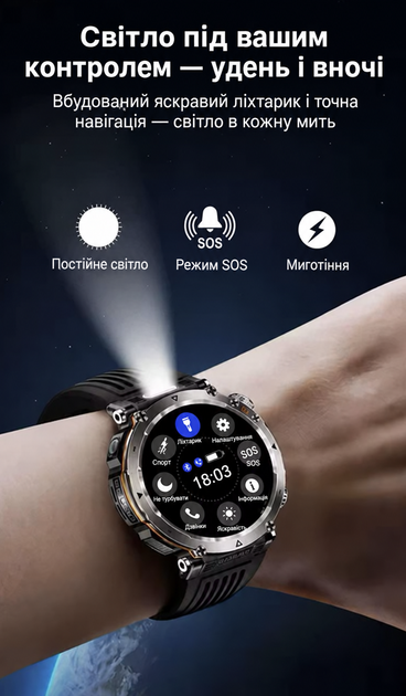 Смарт-годинник HT30 1.7" IP68 з LED-ліхтариком, SOS, компасом, 600 мА·год + додатковий ремінець - зображення 10