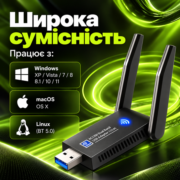 WiFi адаптер для ПК та ноутбука USB 3.0 бездротовий вай-фай приймач + Bluetooth 5.0 блютуз адаптер двохдіапазонний 2.4G/5G 1300 Мбіт/с мережева карта Wi-Fi мережевий адаптер для комп'ютера з антенами Kayfovo WA-1300 - Фото 5 WiFi адаптер для ПК та ноутбука USB 3.0 бездротовий вай-фай приймач + Bluetooth 5.0 блютуз адаптер двохдіапазонний 2.4G/5G 1300 Мбіт/с мережева карта Wi-Fi мережевий адаптер для комп'ютера з антенами Kayfovo WA-1300 - зображення 5