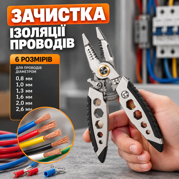 Багатофункціональний інструмент для зачистки проводів 16 в 1, стрипер-плоскогубці для різання та обтиску, 185 мм - зображення 4