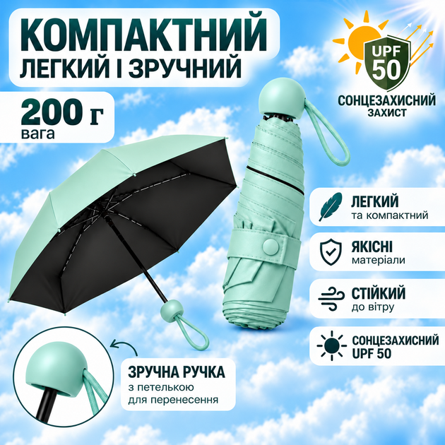 Детский и женский мини-складной карманный зонт Берюзовый 200 г, лёгкая компактная парасолька от дождя и солнца UPF 50+ - Фото 8 Детский и женский мини-складной карманный зонт Берюзовый 200 г, лёгкая компактная парасолька от дождя и солнца UPF 50+ - изображение 8