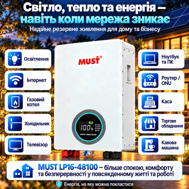 Акумуляторна батарея для інвертора 5,12 кВт*год / 100 А*год / MUST LP16-48100 LiFePO4 / 51,2 В / BMS 100 А / CAN / RS485 / RS232 - зображення 3
