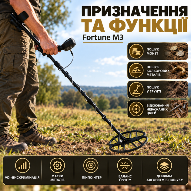 Металошукач Fortune M3 з великим ЖК дисплеєм Winstar 7х4 металодетектор 5–20 кГц з DD датчиком 30х32 см пінпоінтером VDI дискримінацією балансом ґрунту масками - зображення 2
