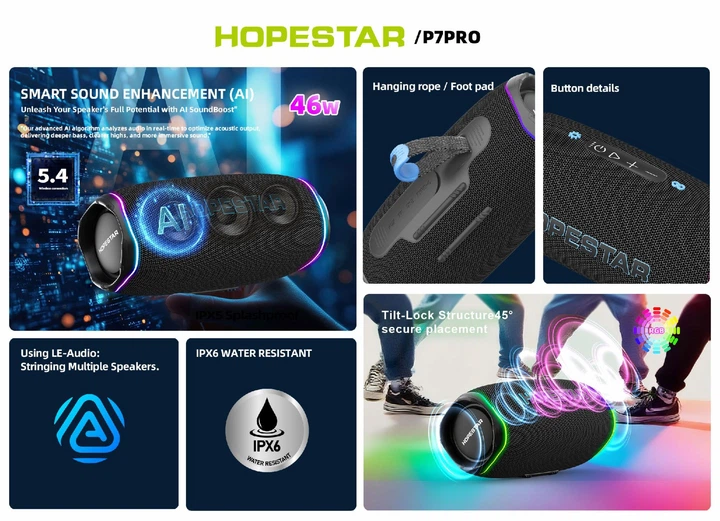 Колонка Bluetooth влагозащищенная с RGB HOPESTAR P7 PRO 46W 5200mAh IPX6 черный - изображение 4