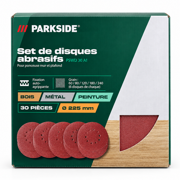 Набор шлифовальных дисков PARKSIDE PSWD 30 A1, Ø225 мм, 30 шт, зернистость 60/80/120/180/240 - изображение 2