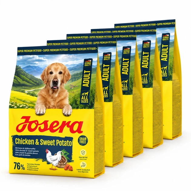 Сухий корм для собак Josera Chicken & Sweet Potato Adult Medi/Maxi з м’ясом птиці та бататом - 4.5кг (5х900г) - Фото 1 Сухий корм для собак Josera Chicken & Sweet Potato Adult Medi/Maxi з м’ясом птиці та бататом - 4.5кг (5х900г) - зображення 1