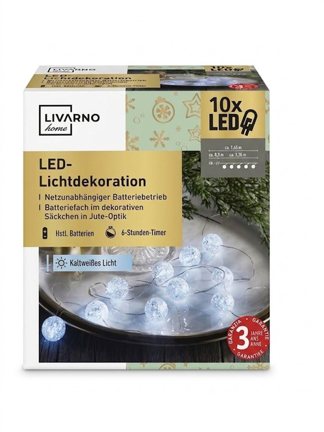 LIVARNO HOME LED гірлянда на батарейках, 10 LED, холодне біле світло, 1,65 м, таймер 6 годин - Фото 1 LIVARNO HOME LED гірлянда на батарейках, 10 LED, холодне біле світло, 1,65 м, таймер 6 годин - зображення 1