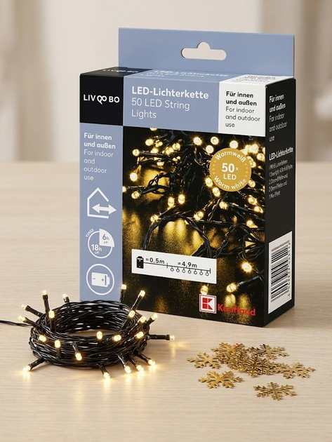 LIVARNO HOME LED гирлянда на батарейках, 50 LED, 5,4 м, теплый белый свет, 8 режимов, таймер 6 ч, IP44 - Фото 1 LIVARNO HOME LED гирлянда на батарейках, 50 LED, 5,4 м, теплый белый свет, 8 режимов, таймер 6 ч, IP44 - изображение 1