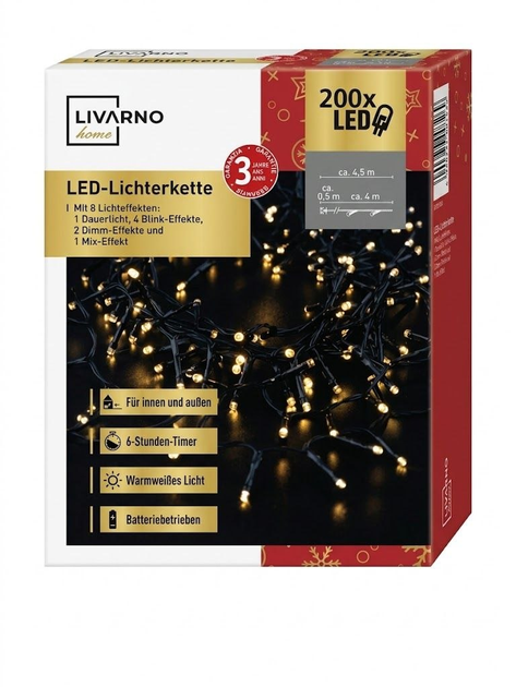 LIVARNO HOME LED гирлянда на батарейках, 200 LED, 4,5 м, теплый белый свет, 8 режимов, таймер 6 ч, IP44 - Фото 1 LIVARNO HOME LED гирлянда на батарейках, 200 LED, 4,5 м, теплый белый свет, 8 режимов, таймер 6 ч, IP44 - изображение 1