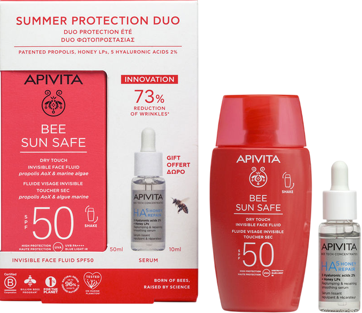 Zestaw do pielęgnacji twarzy Apivita Bee Sun Safe Fluid przeciwsłoneczny Dry Touch SPF50 50 ml + Serum HA5 z kwasem hialuronowym 10 ml (5201279108045) - Zdjęcie 1 Zestaw do pielęgnacji twarzy Apivita Bee Sun Safe Fluid przeciwsłoneczny Dry Touch SPF50 50 ml + Serum HA5 z kwasem hialuronowym 10 ml (5201279108045) - obraz 1