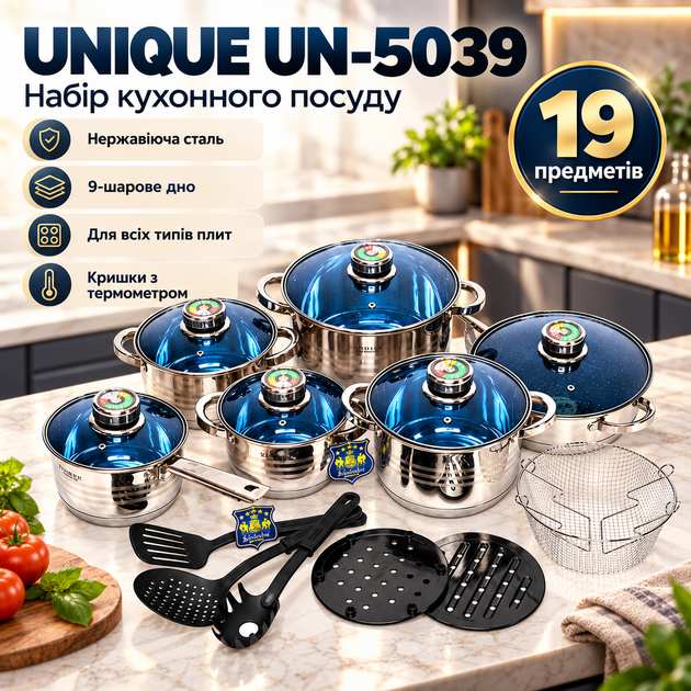Набор посуды UNIQUE UN-5039 19 предметов из нержавеющей стали для индукционных и газовых плит - Фото 1 Набор посуды UNIQUE UN-5039 19 предметов из нержавеющей стали для индукционных и газовых плит - изображение 1