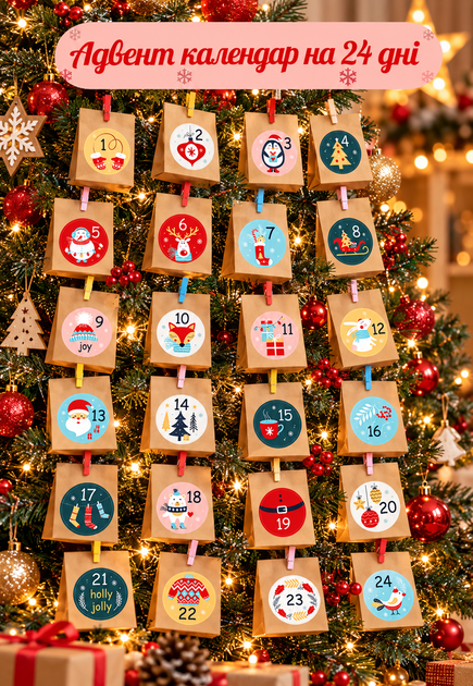 Адвент Календарь Рождественский на 24 дня. Пакеты бумажные, наклейки, прищепки + гирлянда.-76729. - Фото 2 Адвент Календарь Рождественский на 24 дня. Пакеты бумажные, наклейки, прищепки + гирлянда.-76729. - изображение 2