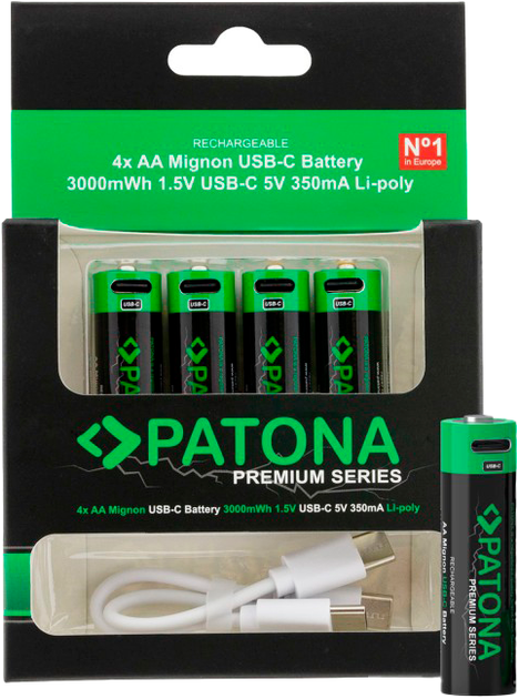 Акумулятор PATONA R6 AA 1.5 V 350 mAh USB-C 4 шт. (4055655239752) - Фото 2 Акумулятор PATONA R6 AA 1.5 V 350 mAh USB-C 4 шт. (4055655239752) - зображення 2