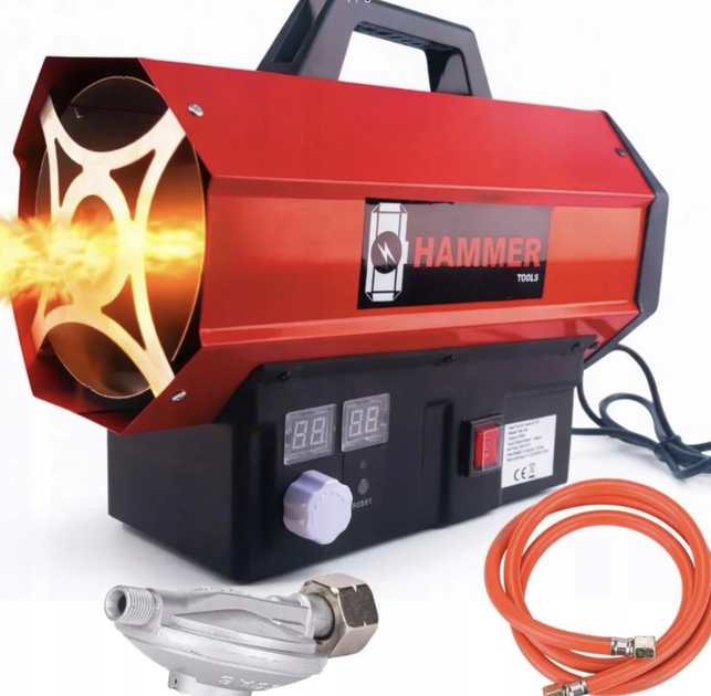 Газовая тепловая пушка HAMMER 40 кВт Пропан-бутан Пьезорозжиг IP44 Обогреватель воздуха со шлангом редуктором для гаража склада мастерской теплицы - Фото 2 Газовая тепловая пушка HAMMER 40 кВт Пропан-бутан Пьезорозжиг IP44 Обогреватель воздуха со шлангом редуктором для гаража склада мастерской теплицы - изображение 2