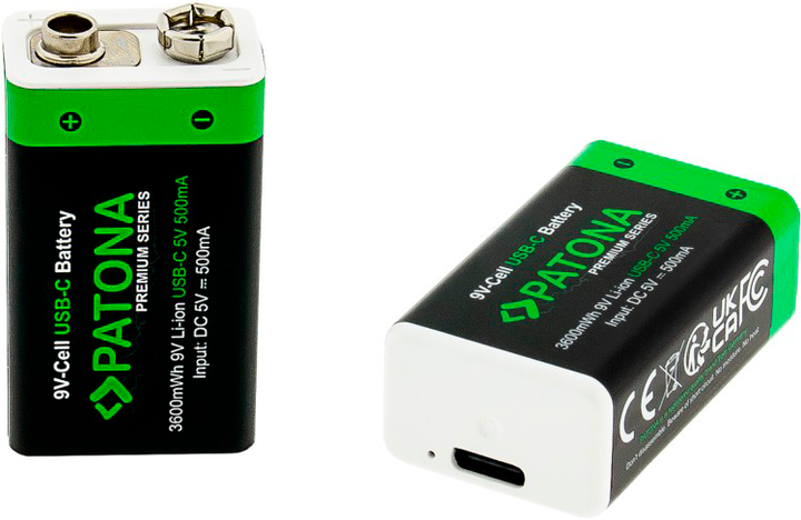 Акумулятор PATONA Premium 6F22 9V 500mAh USB-C 2 шт. (4055655239783) - Фото 1 Акумулятор PATONA Premium 6F22 9V 500mAh USB-C 2 шт. (4055655239783) - зображення 1