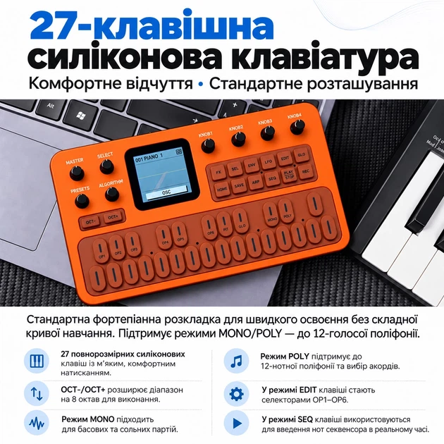 FM-синтезатор M-VAVE FM-1 – портативный, 27 клавиш, TFT-дисплей, Bluetooth MIDI, аккумулятор, оранжевый - изображение 4