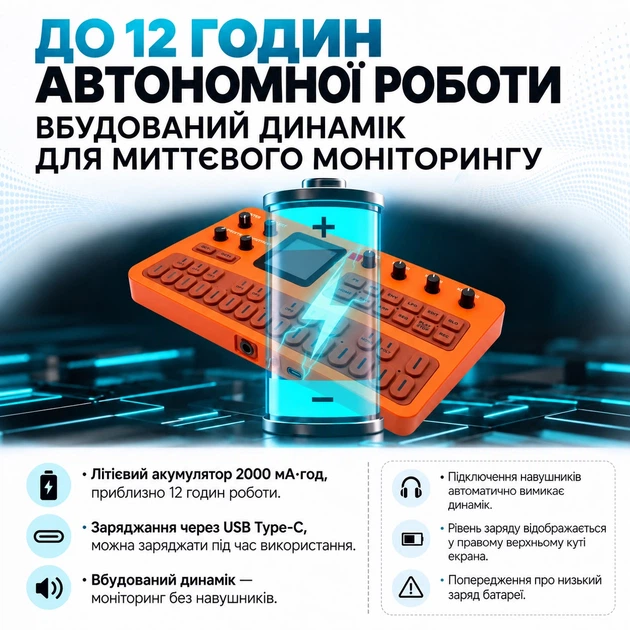 FM-синтезатор M-VAVE FM-1 – портативный, 27 клавиш, TFT-дисплей, Bluetooth MIDI, аккумулятор, оранжевый - изображение 5