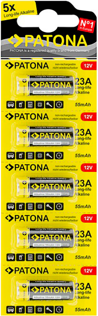Батарейки PATONA Premium A23/V23GA/E11A/MN21 12V 55mAh 5 шт. (4055655234535) - Фото 2 Батарейки PATONA Premium A23/V23GA/E11A/MN21 12V 55mAh 5 шт. (4055655234535) - зображення 2