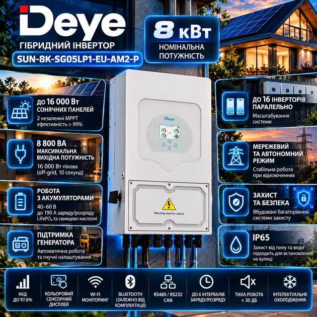 Гибридный инвертор Deye SUN-8K-SG05LP1-EU-AM2-P 8 кВт + аккумулятор Deye SE-F16-C LiFePO4 16 кВт·ч для дома - изображение 2