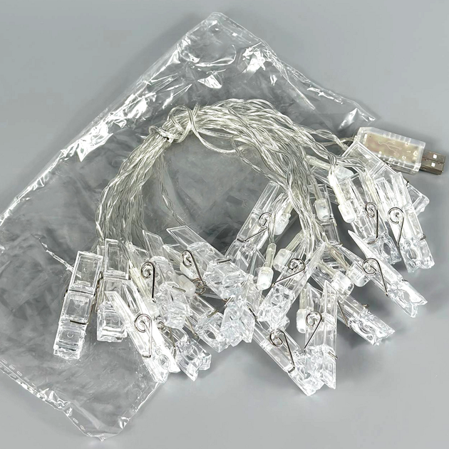 Гірлянда прищіпки 20 LED USB 4.5m теплий білий дріт - зображення 8