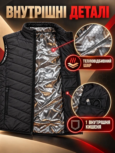 Термо-жилет з активним підігрівом від Power Bank USB, з ефектом «теплого кокона», 3 температурних режими, розмір S, Чорний (4815754717) - зображення 6